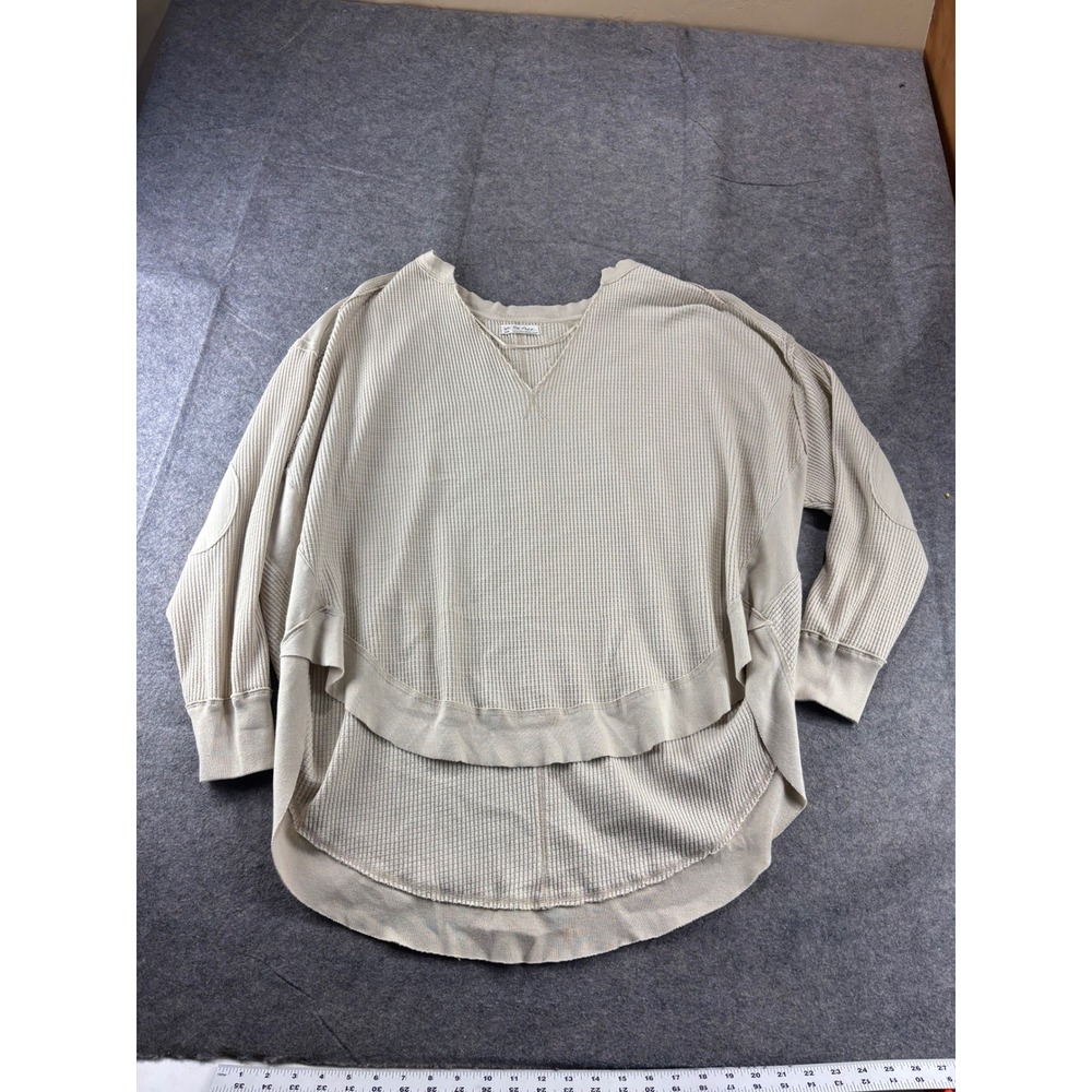 We The Free People Cream Thermal Waffle Knit High Low Top Womens L Boho Hippie